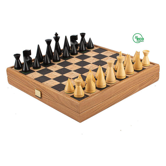Manopoulos Modern Chess Set With Cork Chessboard – Black · natural & ebonised chessmen