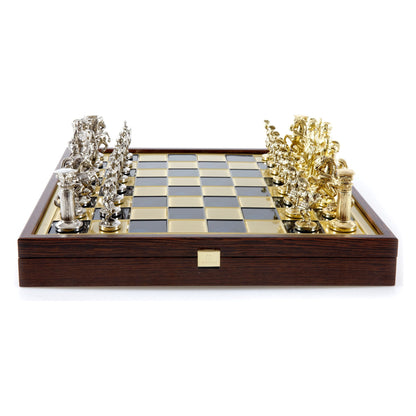 Manopoulos Greek Roman Period Metal Chess Set In Wooden Case With Storage – SK11BLU