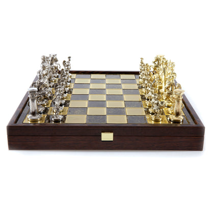 Manopoulos Greek Roman Period Metal Chess Set In Wooden Case With Storage – SK11BRO
