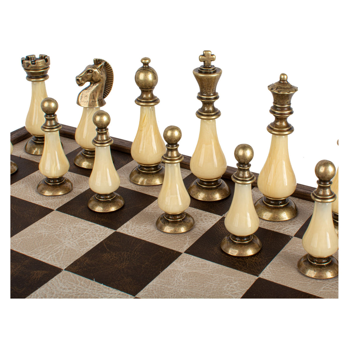 Manopoulos Limited Edition Staunton Chess Set with Pearl Elements – Leather Board (6)