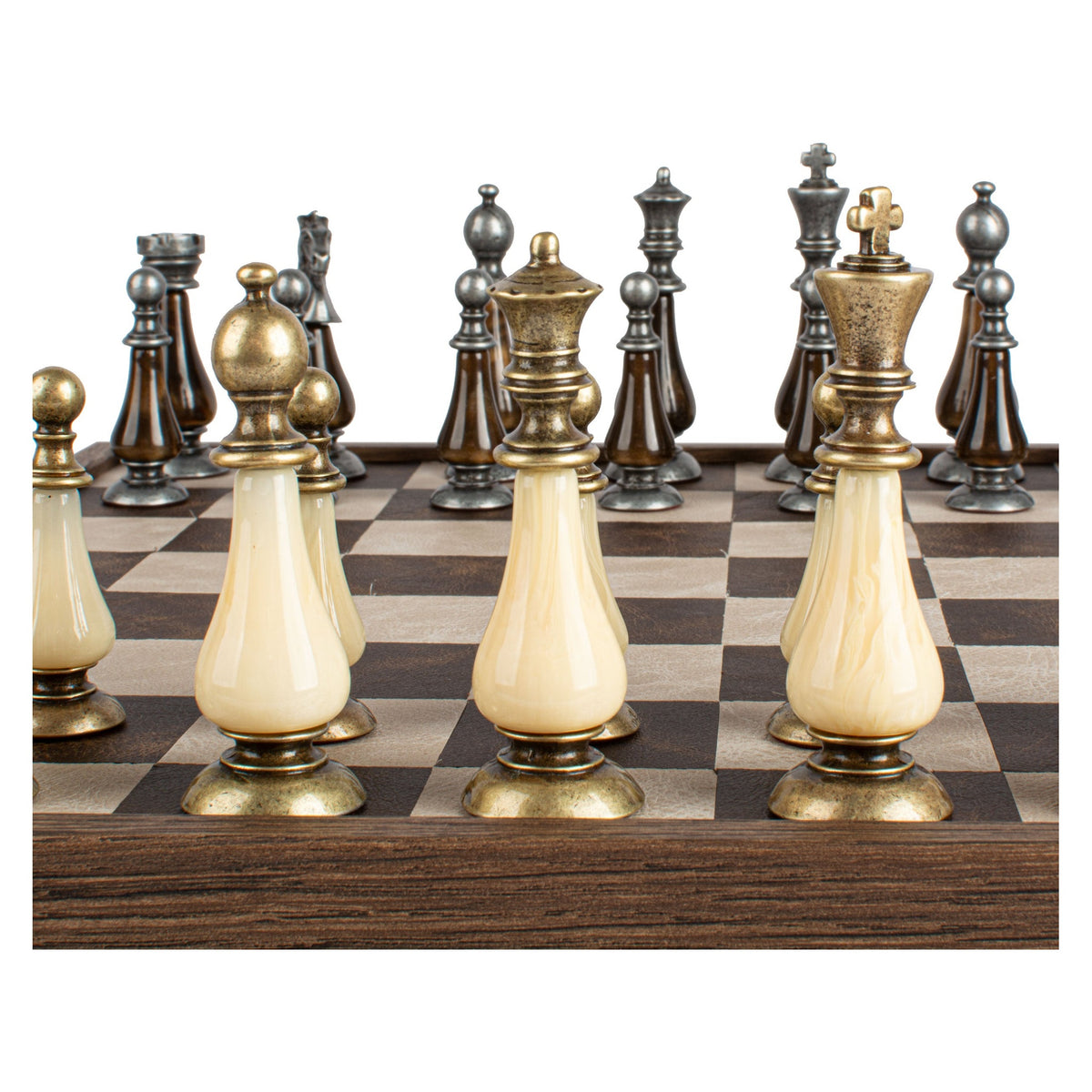 Manopoulos Limited Edition Staunton Chess Set with Pearl Elements – Leather Board (8)