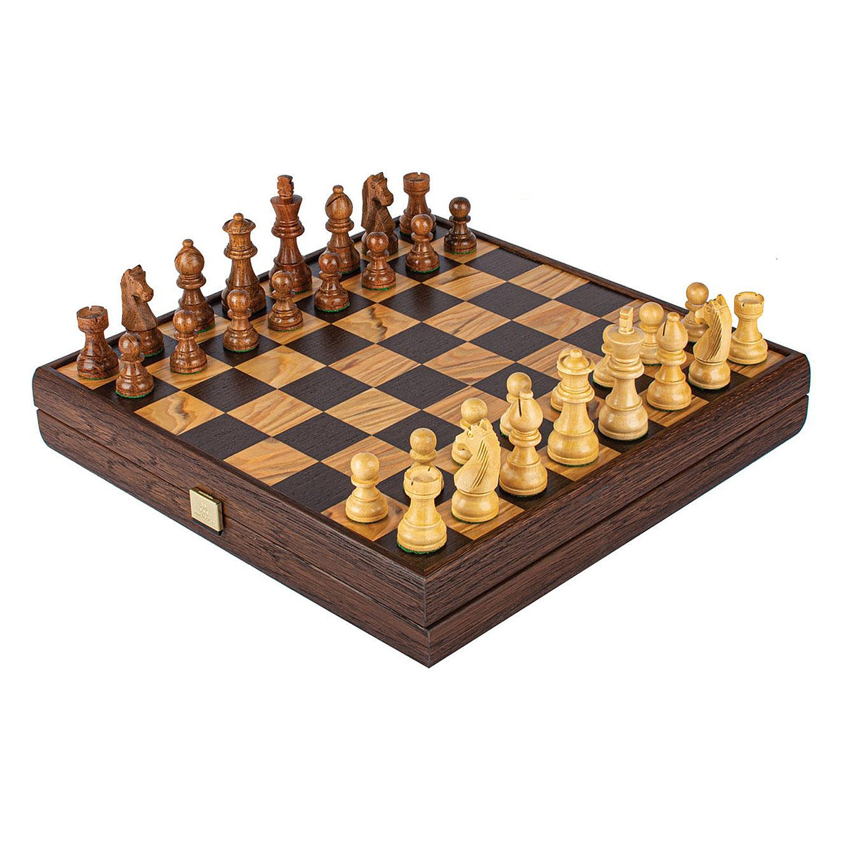 Manopoulos Wooden Chess Set In Chessboard Case – Olive Burl · 2.5" travel · 27 cm