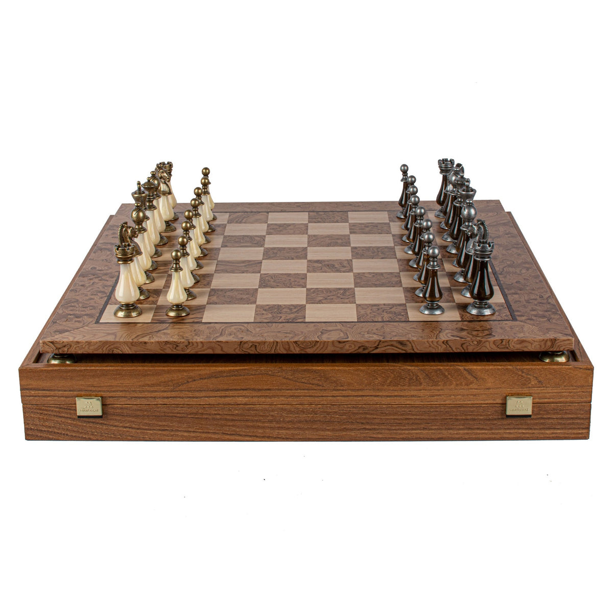 Manopoulos Limited Edition Staunton Chess Set with Pearl Elements – Walnut Burl Board