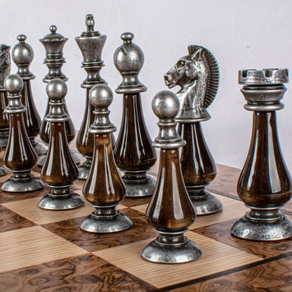 Manopoulos Limited Edition Staunton Chess Set with Pearl Elements – Walnut Burl Board (8)