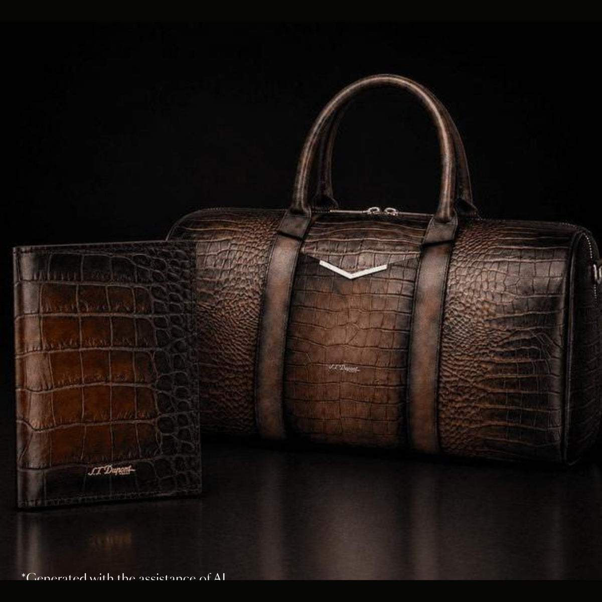 S.T. Dupont holiday set SET-BE-01 - Le Grand Atelier Havana croco-embossed leather travel bag with matching passport holder