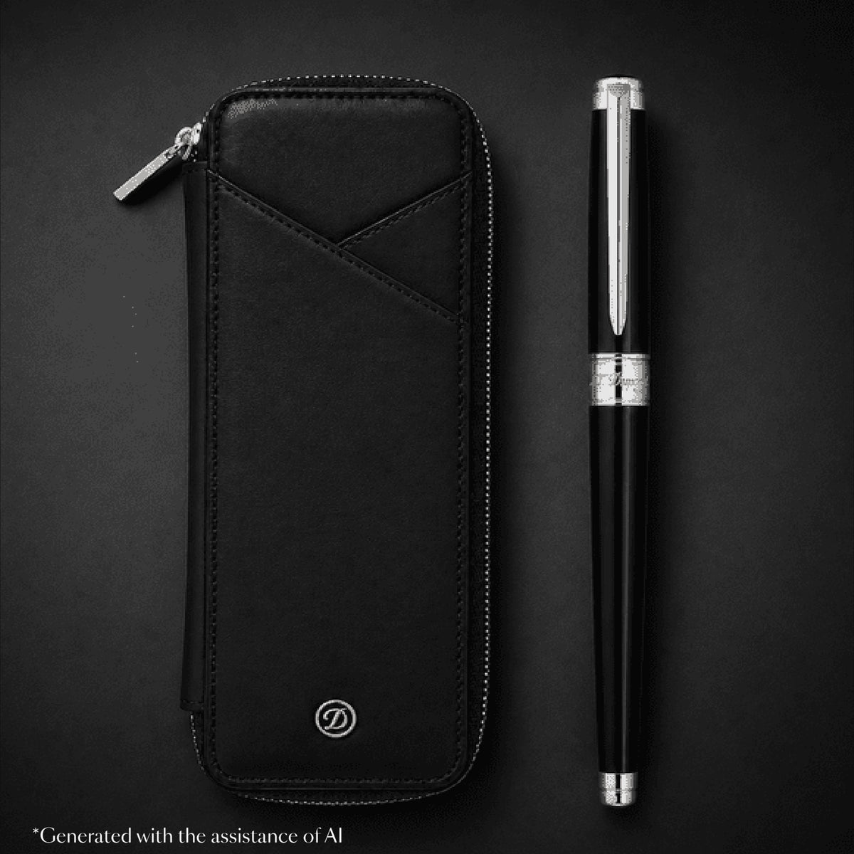 S.T. Dupont holiday set SET-BTS-02 - Line D Eternity large fountain pen in black lacquer and palladium beside a black leather X3 pen case