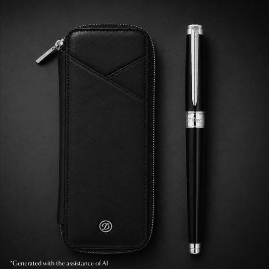 S.T. Dupont holiday set SET-BTS-02 - Line D Eternity large fountain pen in black lacquer and palladium beside a black leather X3 pen case