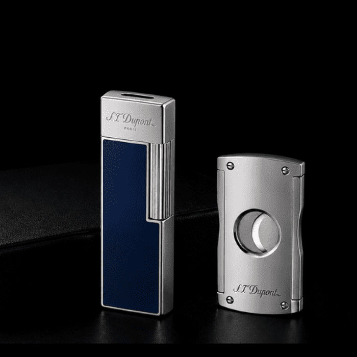 S.T. Dupont holiday set SET-CR-01 - Twiggy lighter in blue lacquer and chrome beside a Gris chrome cigar cutter