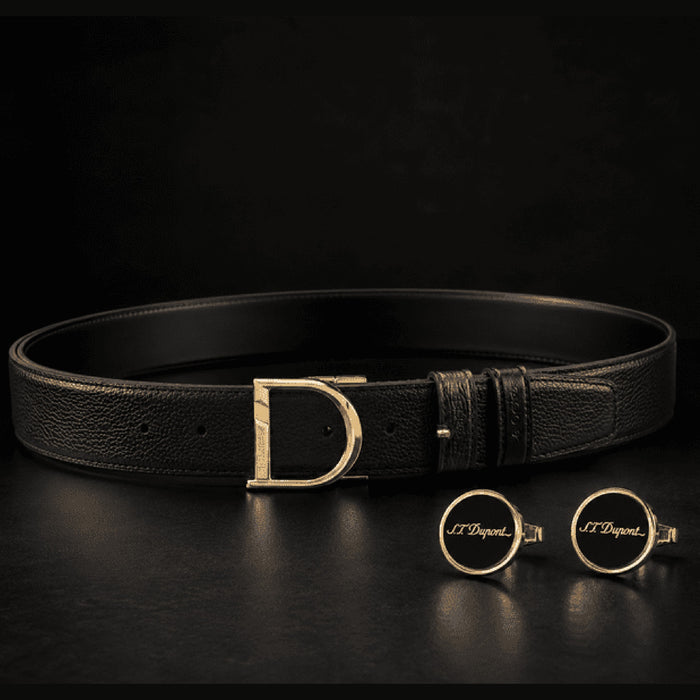S.T. Dupont holiday set SET-EU-02 - reversible grained black belt with gold D buckle and black lacquer cufflinks with gold finish