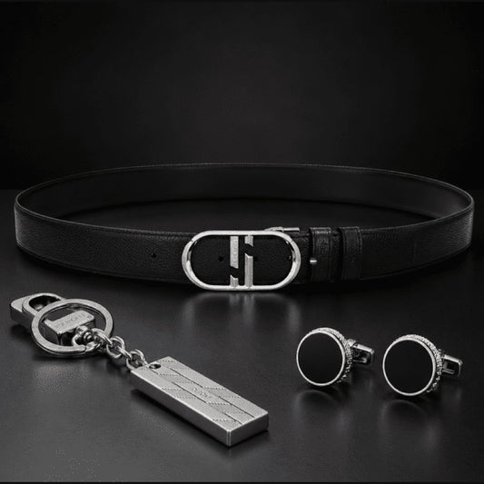 S.T. Dupont holiday set SET-EU-03 - reversible grained black belt with palladium oval buckle, chrome 1872 keyring and small round black cufflinks