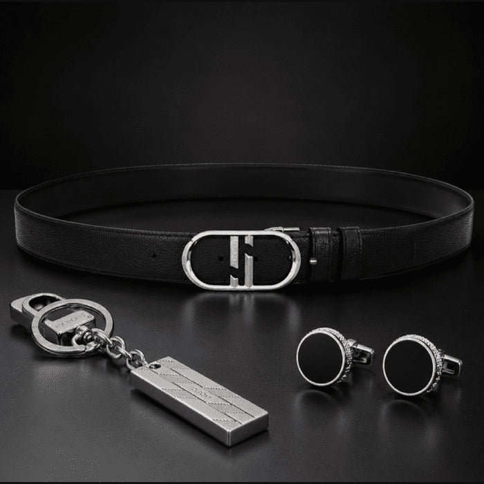 S.T. Dupont holiday set SET-EU-03 - reversible grained black belt with palladium oval buckle, chrome 1872 keyring and small round black cufflinks