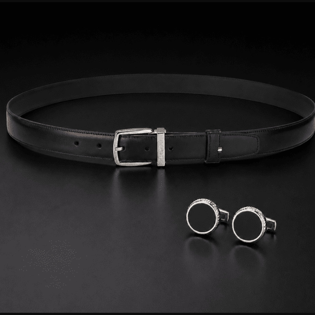 S.T. Dupont holiday set SET-EU-04 - black D-Line belt with palladium buckle and small round black cufflinks in chrome