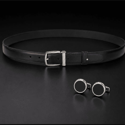S.T. Dupont holiday set SET-EU-04 - black D-Line belt with palladium buckle and small round black cufflinks in chrome