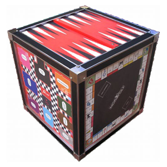 Geoffrey Parker inlaid leather 25 game cube with backgammon and chess faces
