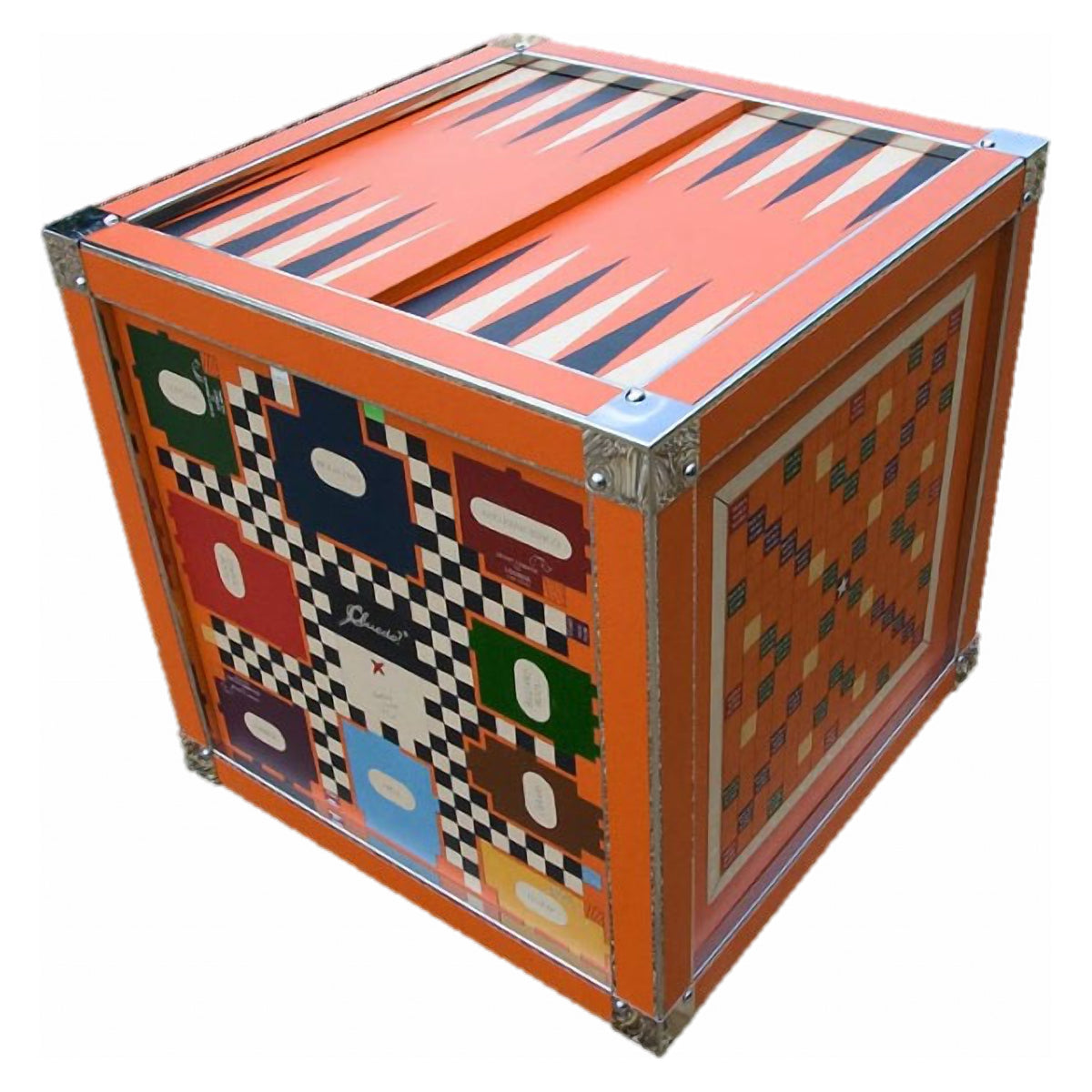 Geoffrey Parker – cube de 25 jeux en cuir incrusté avec faces backgammon et échecs – détail