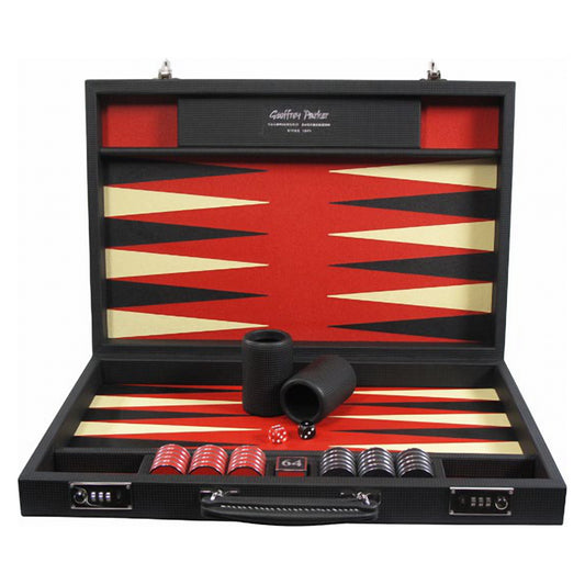 Geoffrey Parker Automotive Hide backgammon attaché in black and red leather