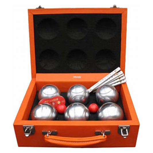 Geoffrey Parker orange leather boule attaché with six steel boules