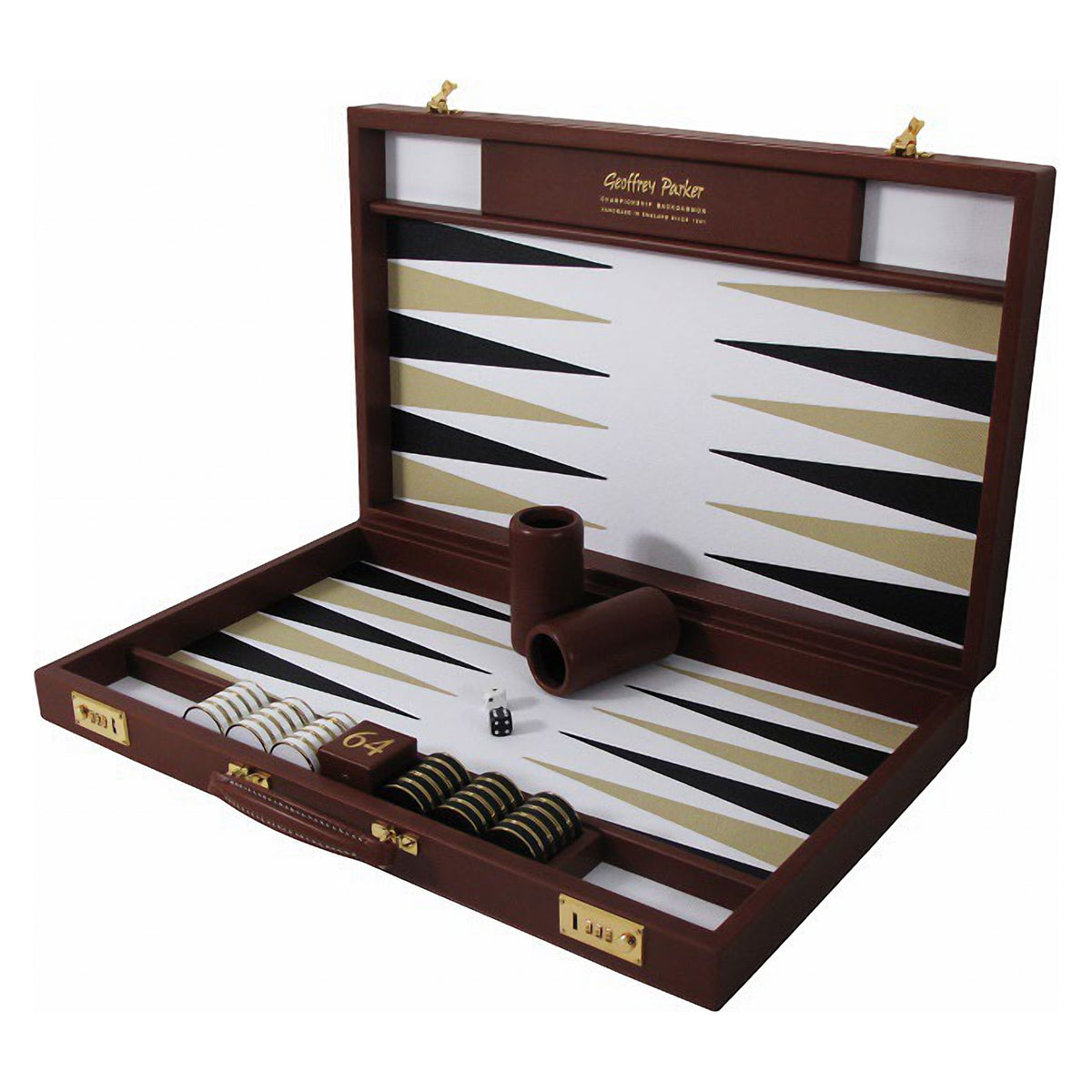 Geoffrey Parker Bridle Hide backgammon attaché case open showing inlaid leather field
