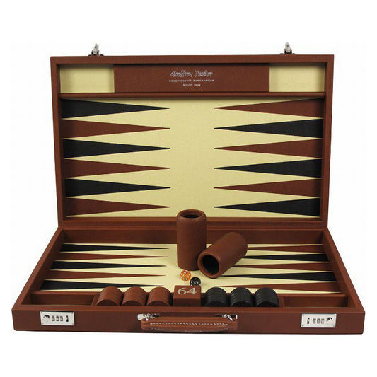 Geoffrey Parker Championship Class leather backgammon attaché case open with leather stones and dice cups