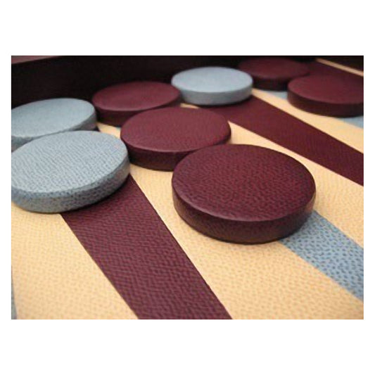 Geoffrey Parker weighted leather backgammon stones in burgundy and grey