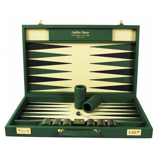 Geoffrey Parker Contemporary Class green leather backgammon attaché with leather and metal stones