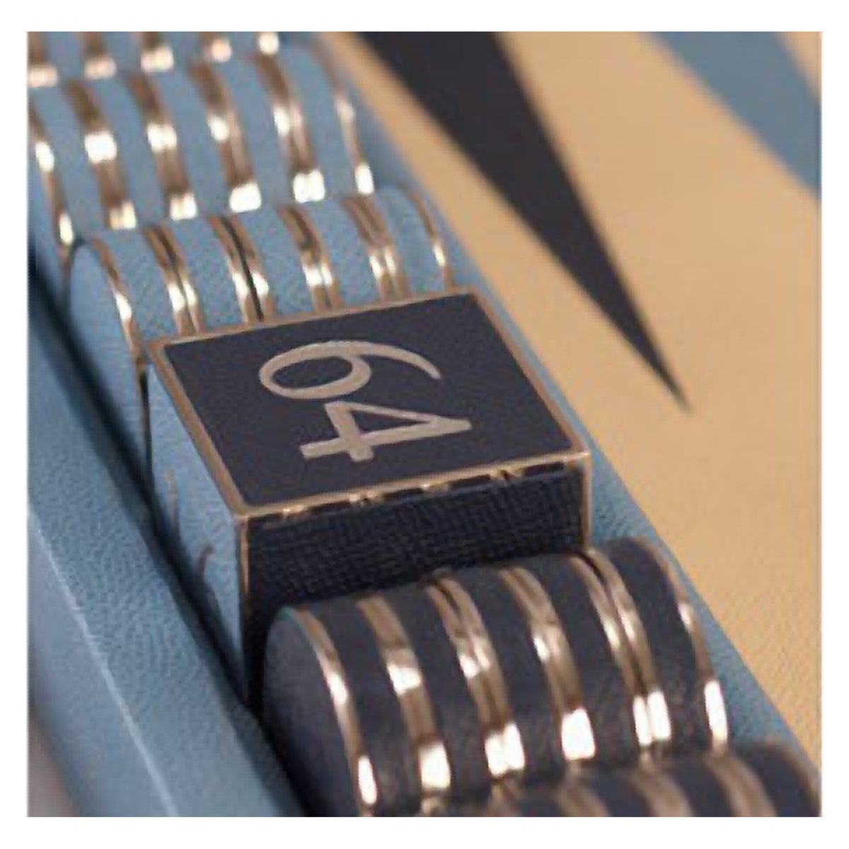 Geoffrey Parker Contemporary inlaid leather backgammon stones with chrome trim – detail
