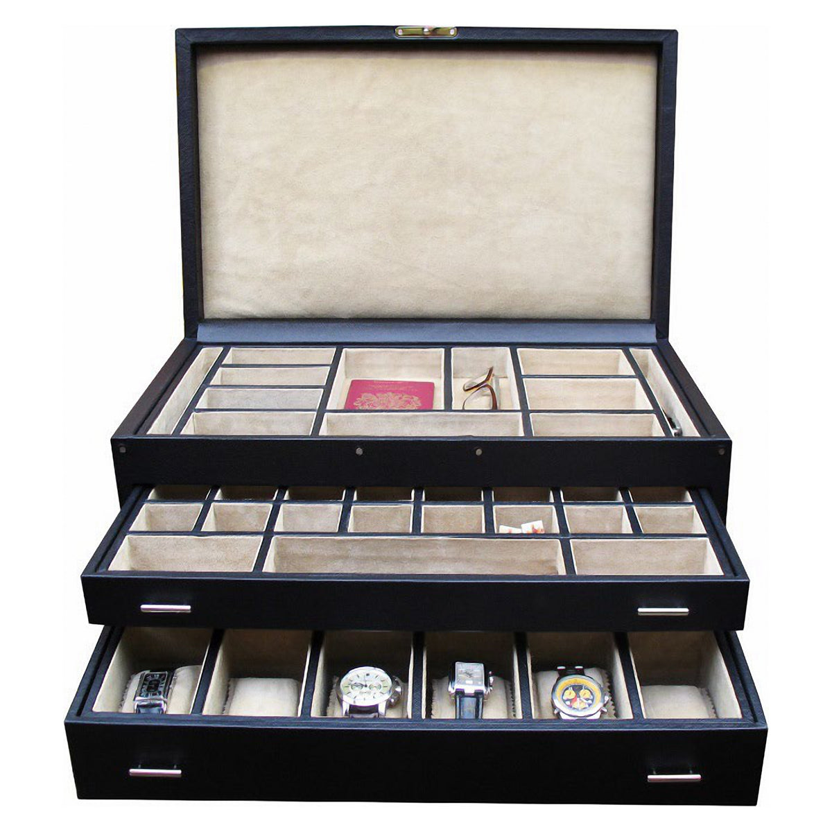 Geoffrey Parker – coffret de toilette pour homme en cuir noir, ouvert sur les plateaux à montres et boutons de manchette