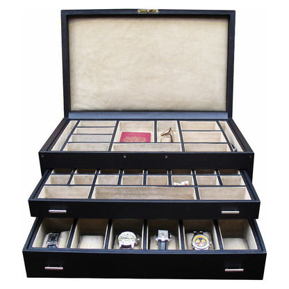 Geoffrey Parker – coffret de toilette pour homme en cuir noir, ouvert sur les plateaux à montres et boutons de manchette