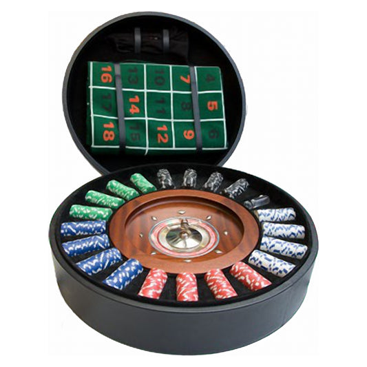Geoffrey Parker leather roulette drum open with mahogany wheel and chips