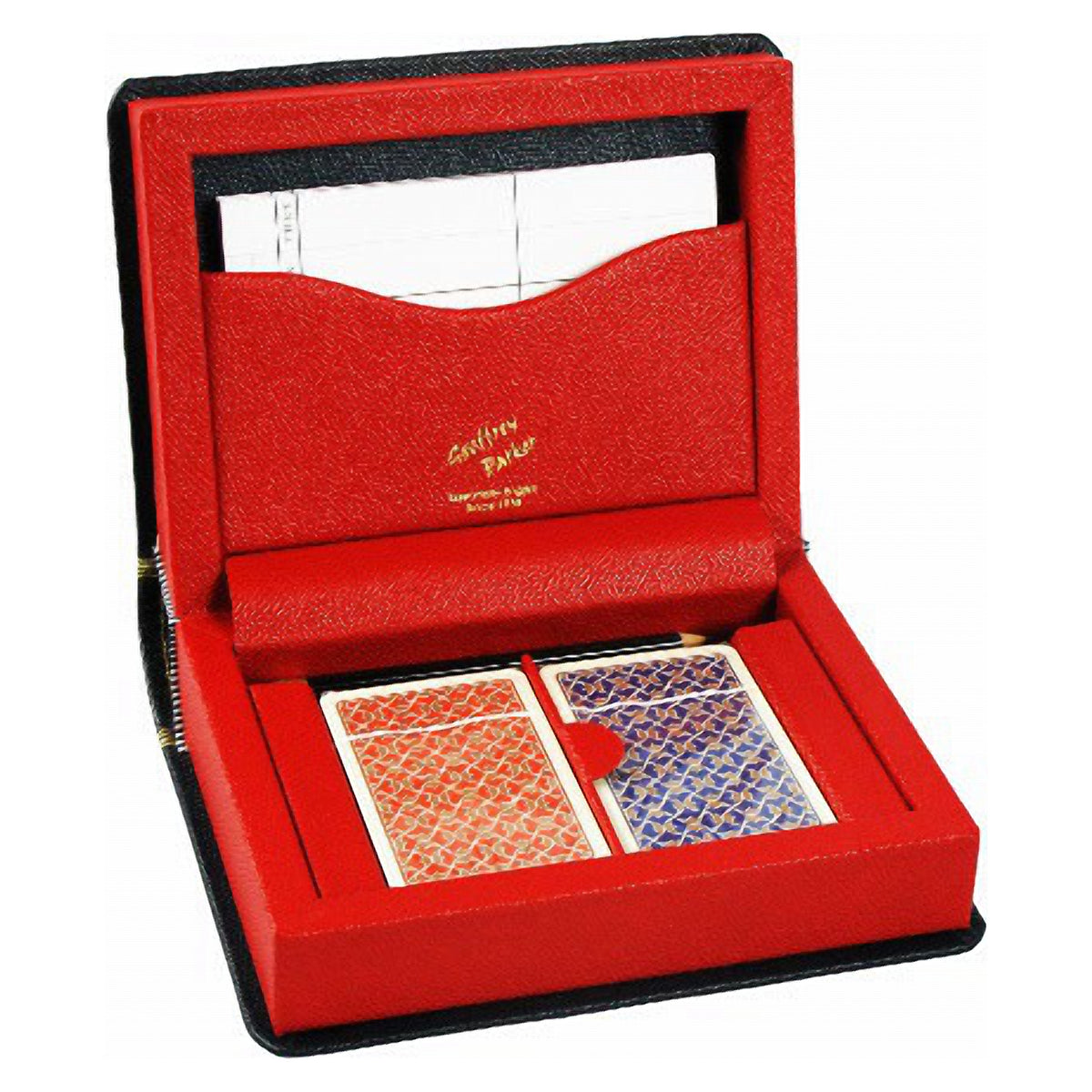 Geoffrey Parker – étui de bridge en cuir rouge à deux jeux de cartes, ouvert avec cartes à jouer