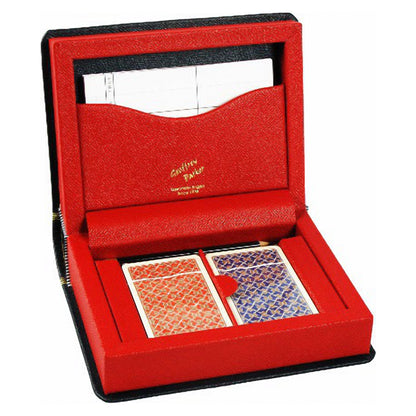 Geoffrey Parker – étui de bridge en cuir rouge à deux jeux de cartes, ouvert avec cartes à jouer