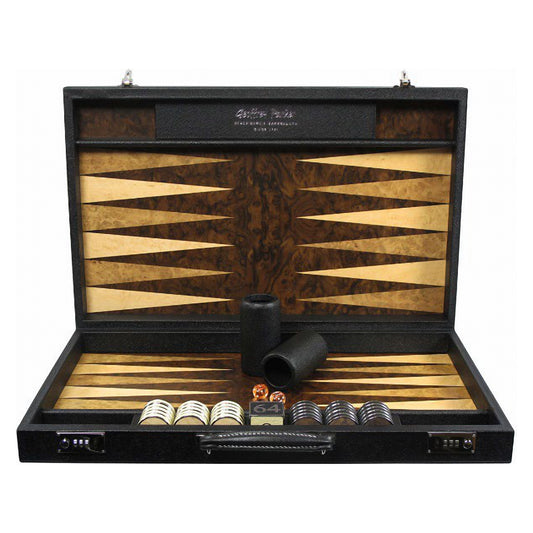 Geoffrey Parker Mediterranean Class backgammon with burr walnut veneer playing field