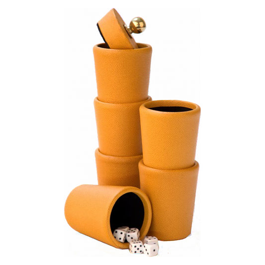 Geoffrey Parker six tan leather Perudo dice cups with dice