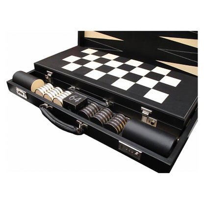 Geoffrey Parker – double mallette avec backgammon Tournoi et échiquier pliant en cuir incrusté