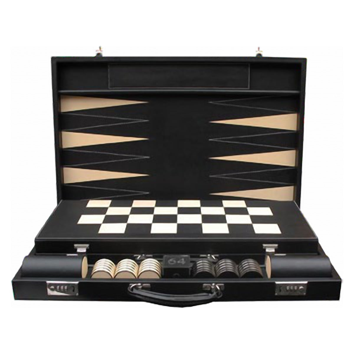 Geoffrey Parker – double mallette avec backgammon Tournoi et échiquier pliant en cuir incrusté – détail