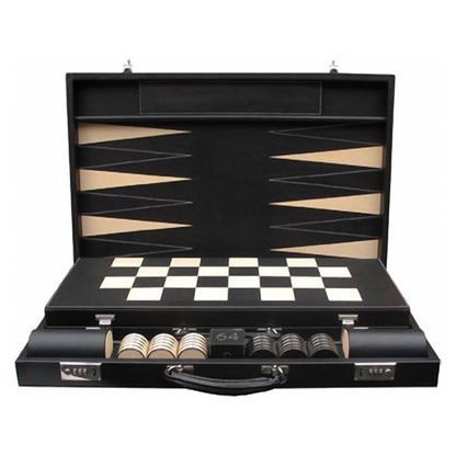 Geoffrey Parker – double mallette avec backgammon Tournoi et échiquier pliant en cuir incrusté – détail