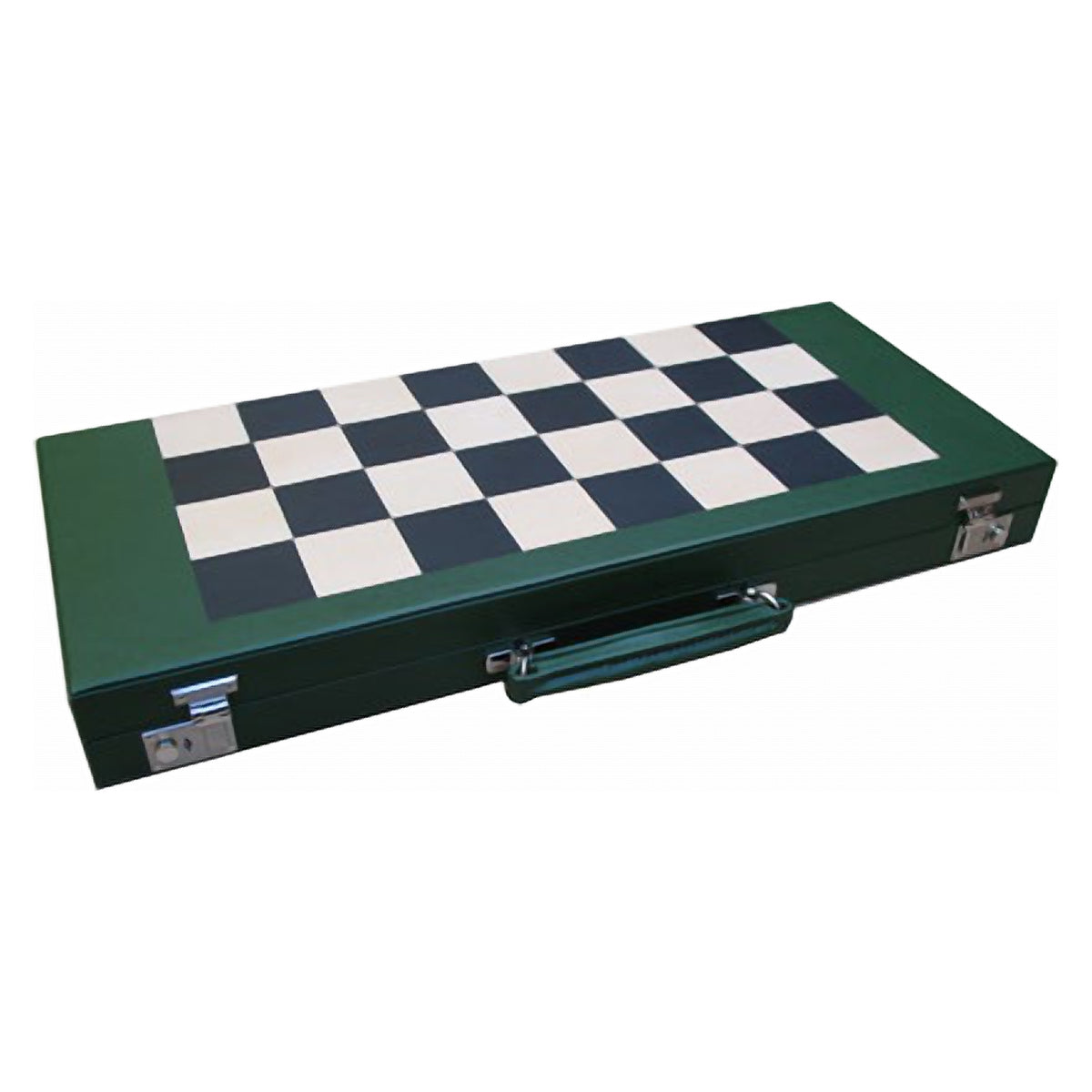 Geoffrey Parker – mallette d’échecs en cuir vert ouverte, avec échiquier en cuir incrusté et jeu Staunton – détail