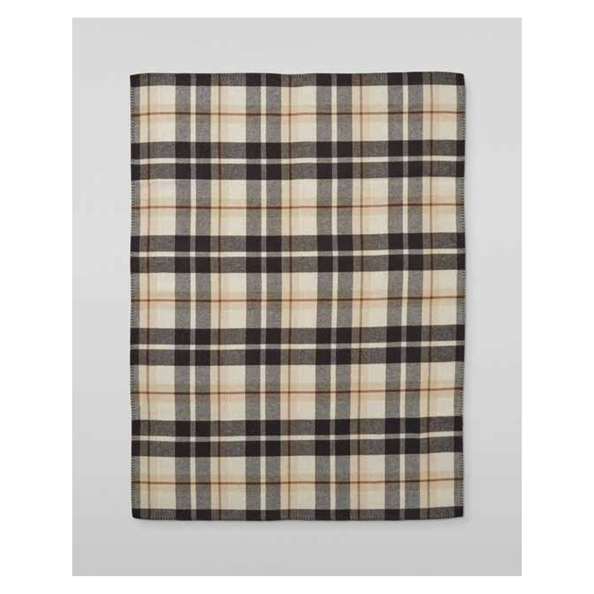 Johnstons of Elgin Blanket Stitched Doubleface Check Throw in Black with Brown Plaid — laid flat