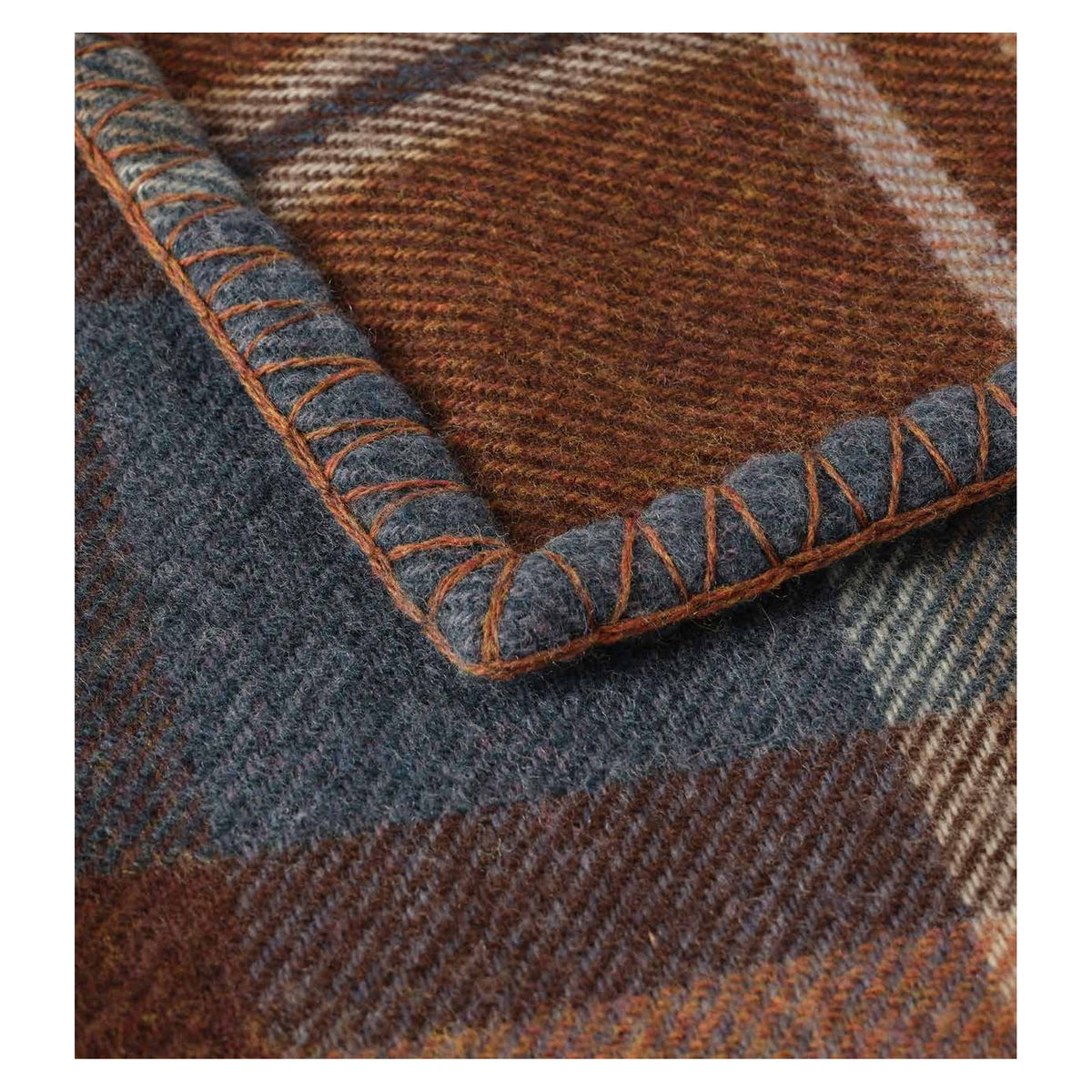 Johnstons of Elgin Blanket Stitched Doubleface Check Throw in Heather Blue Check / Brown Windowpane — detail