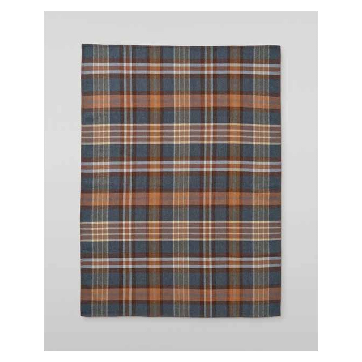Johnstons of Elgin Blanket Stitched Doubleface Check Throw in Heather Blue Check / Brown Windowpane — laid flat