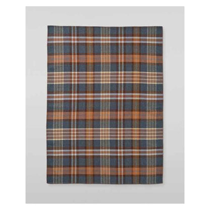 Johnstons of Elgin Blanket Stitched Doubleface Check Throw in Heather Blue Check / Brown Windowpane — laid flat