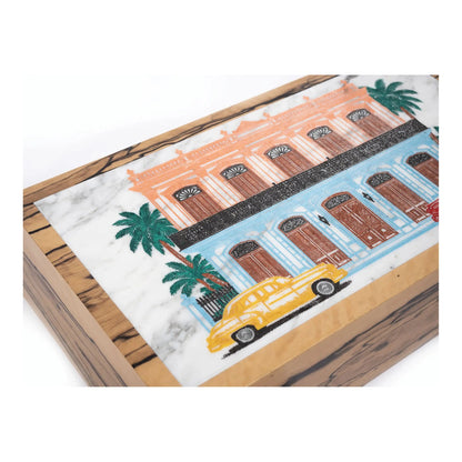 La Casona gift set — humidor, table lighter and ashtray in hand-painted Calacatta Oro marble