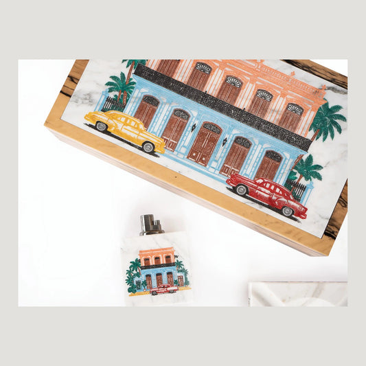 La Casona humidor in hand-painted Calacatta Oro marble with white ebony