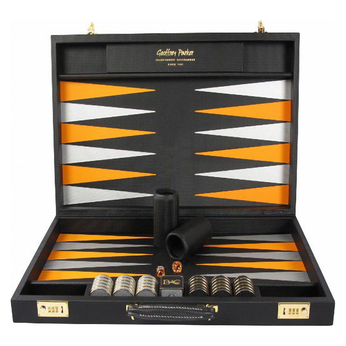 Geoffrey Parker – mallette de backgammon en cuir fibre de carbone avec flèches argent et orange