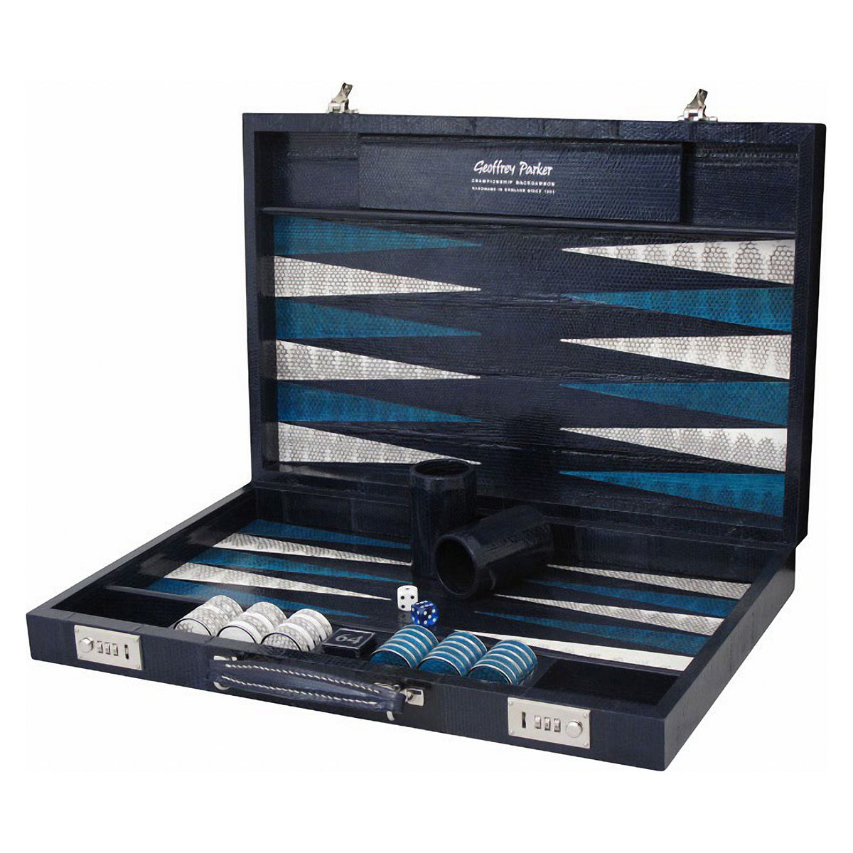 Geoffrey Parker – mallette de backgammon en cuir de serpent d’eau bleu et argent