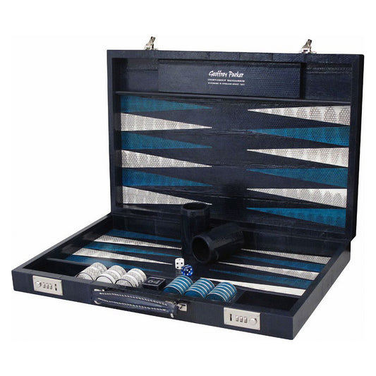 Geoffrey Parker Water Snake leather backgammon attaché in blue and silver
