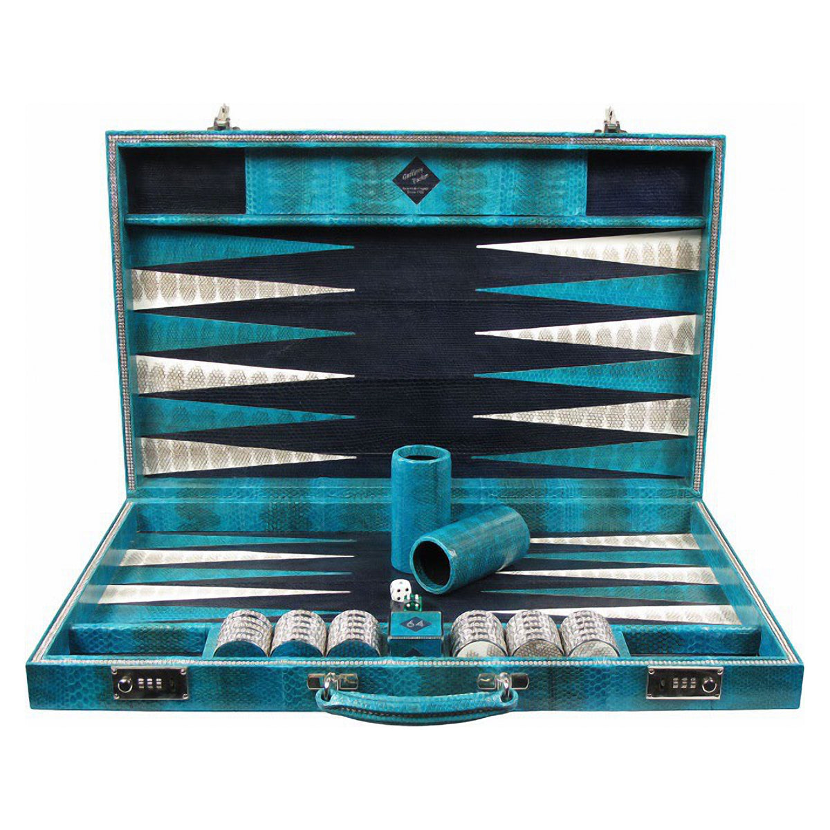 Geoffrey Parker – mallette de backgammon en serpent d’eau turquoise rehaussée de cristaux Swarovski