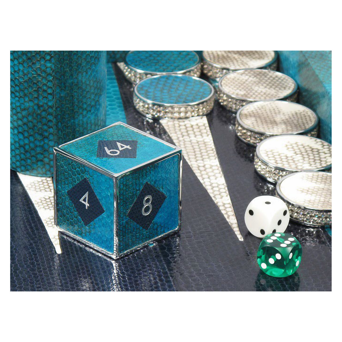 Geoffrey Parker – mallette de backgammon en serpent d’eau turquoise rehaussée de cristaux Swarovski – détail