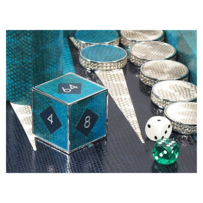 Geoffrey Parker – mallette de backgammon en serpent d’eau turquoise rehaussée de cristaux Swarovski – détail