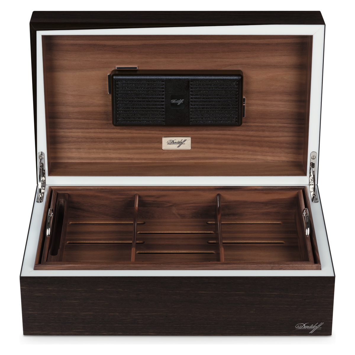 Davidoff Ambassador Humidor Smoked Oak - open with removable walnut tray